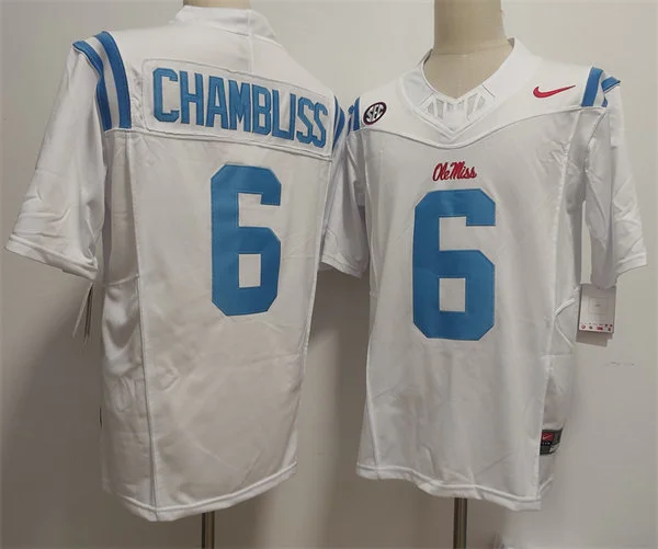 Mens Ole Miss Rebels #6 Trinidad Chambliss 2025 White Blue College Football Game Jersey