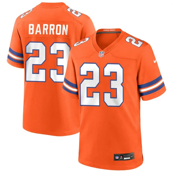 Mens Denver Broncos #23 Jahdae Barron Orange Mile High Collection 1977 Throwback F.U.S.E. Limited Jersey