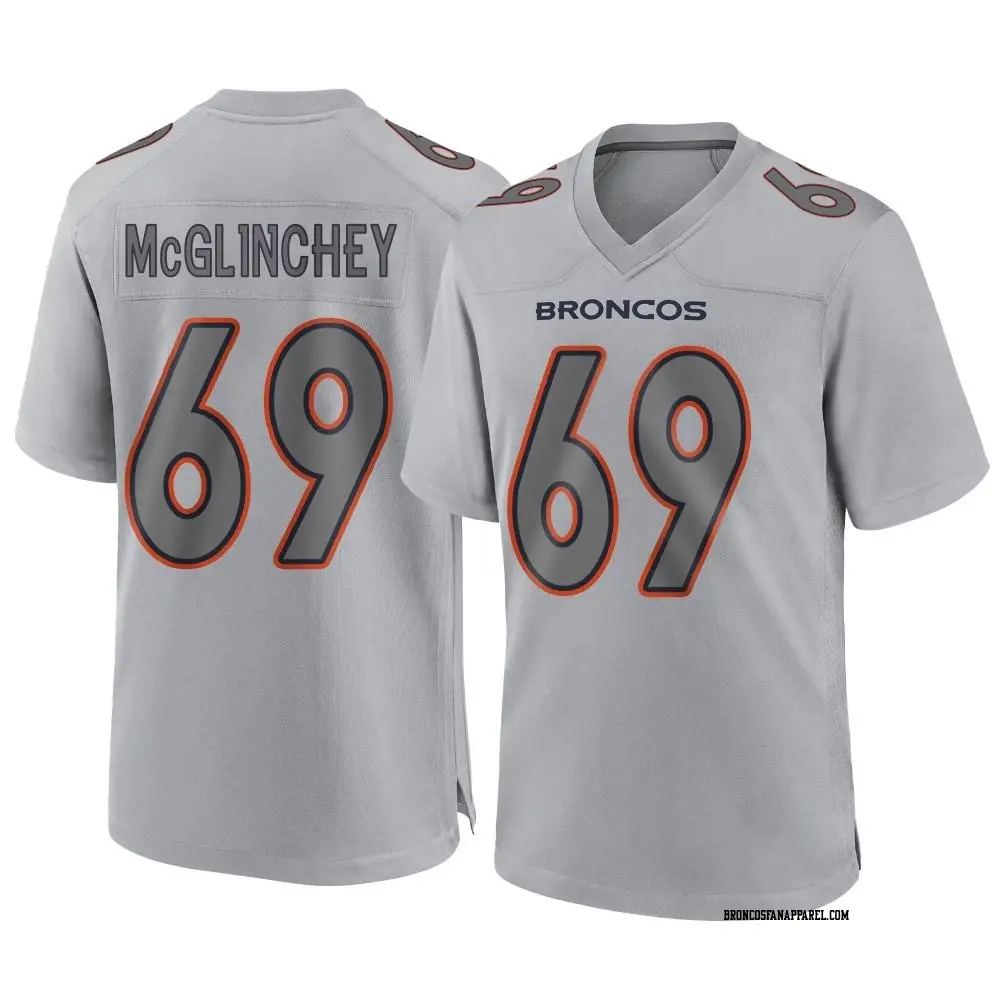 Mens Denver Broncos #69 Mike McGlinchey Gray Atmosphere Fashion Game Jersey
