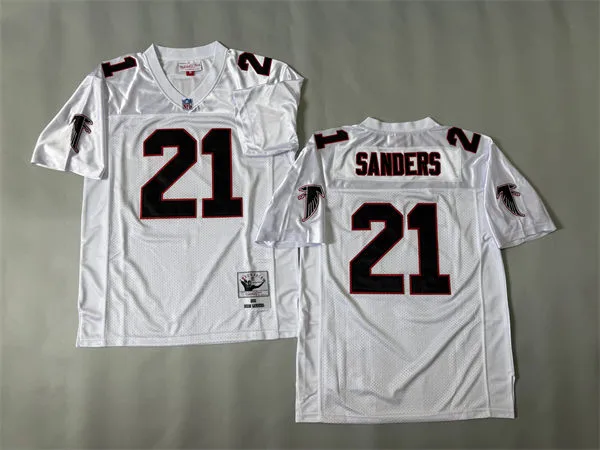 Men's Atlanta Falcons #21 Deion Sanders 1992 White Black Throwback Jersey