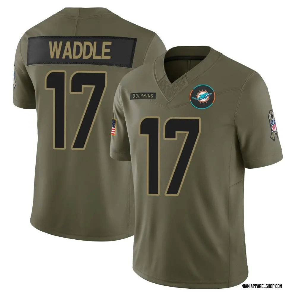 Mens Miami Dolphins #17 Jaylen Waddle Nike 2025 Salute to Service Retired Limited Jersey - Olive