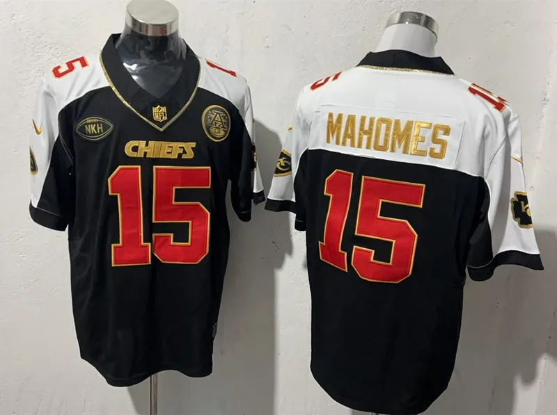 Men's Kansas City Chiefs #15 Patrick Mahomes Black White Golden Gratitude F.U.S.E. Vapor Limited Jersey