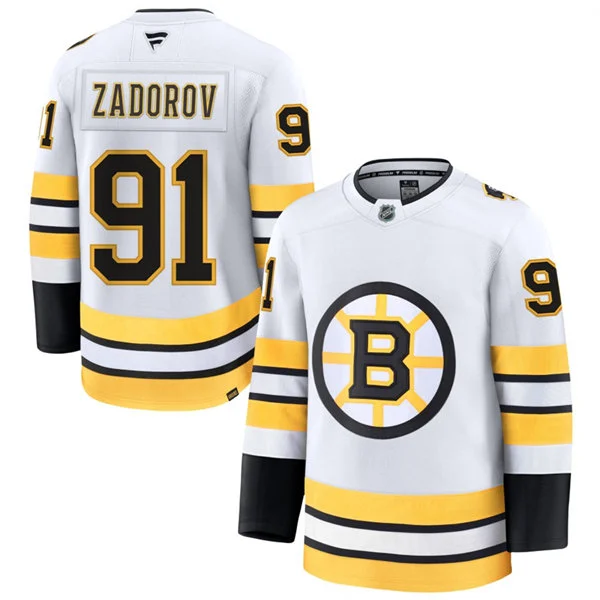 Mens Boston Bruins #91 Nikita Zadorov Fanatics 2025 Away White Premium Jersey