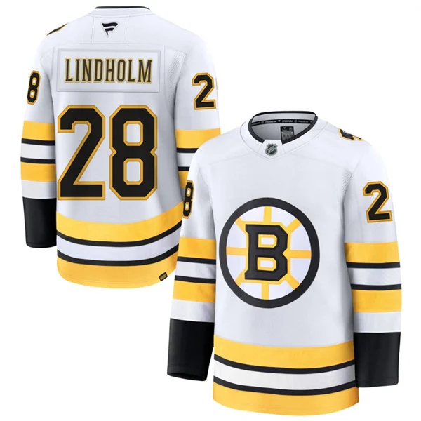 Mens Boston Bruins #28 Elias Lindholm Fanatics 2025 Away White Premium Jersey