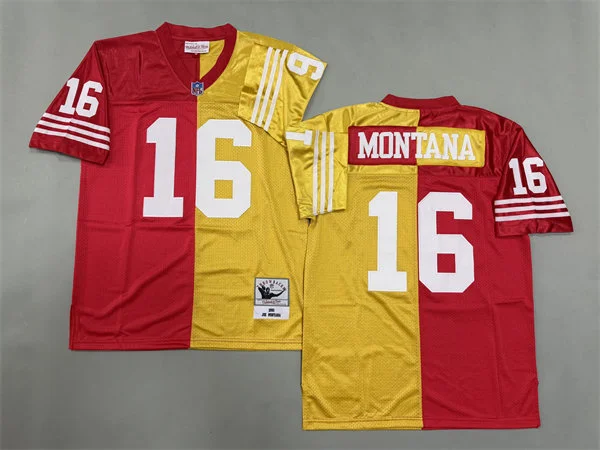 Men's San Francisco 49ers #16 Joe Montana 1990 Red Gold Split Two Tone Throwback Jersey