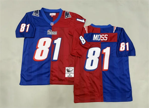 Mens New England Patriots #81 Randy Moss Royal Red Split Two Tone Throwback Jersey