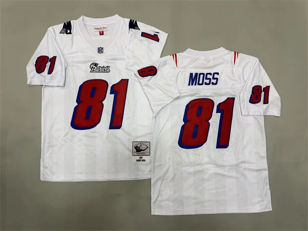 Mens New England Patriots #81 Randy Moss 2007  White Red Throwback Vintage Jersey