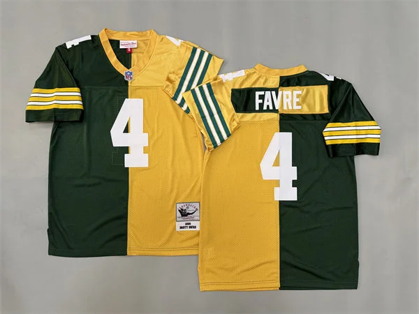 Mens Green Bay Packers #4 Brett Favre 1996 Green Gold Split Two Tone Throwback Jersey