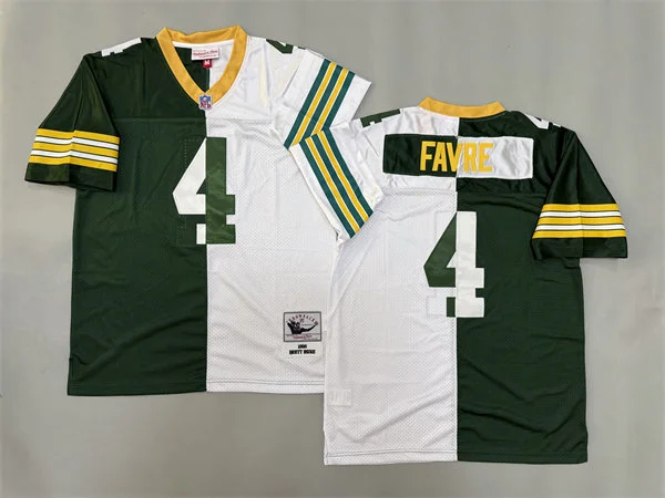 Mens Green Bay Packers #4 Brett Favre 1996 Green White Split Two Tone Throwback Jersey