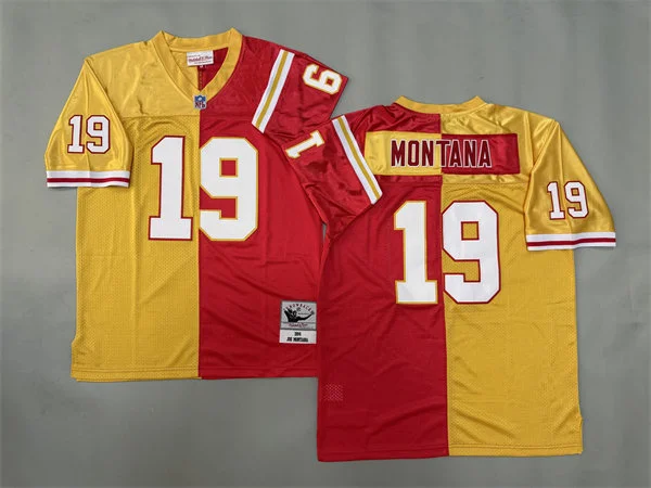 Mens Kansas City Chiefs #19 Joe Montana 1994 Gold Red Split Two Tone Throwback Jersey