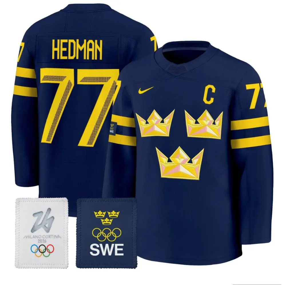 Mens Sweden #77 Victor Hedman Navy 2026 Olympic National Hockey Premium Jersey
