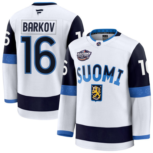 Men's Youth Finland #16 Aleksander Barkov Fanatics White 2025 4 Nations Face-Off Premium Jersey
