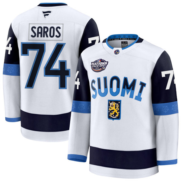 Men's Youth Finland #74 Juuse Saros Fanatics White 2025 4 Nations Face-Off Premium Jersey