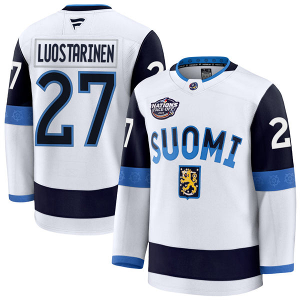 Men's Youth Finland #27 Eetu Luostarinen Fanatics White 2025 4 Nations Face-Off Premium Jersey