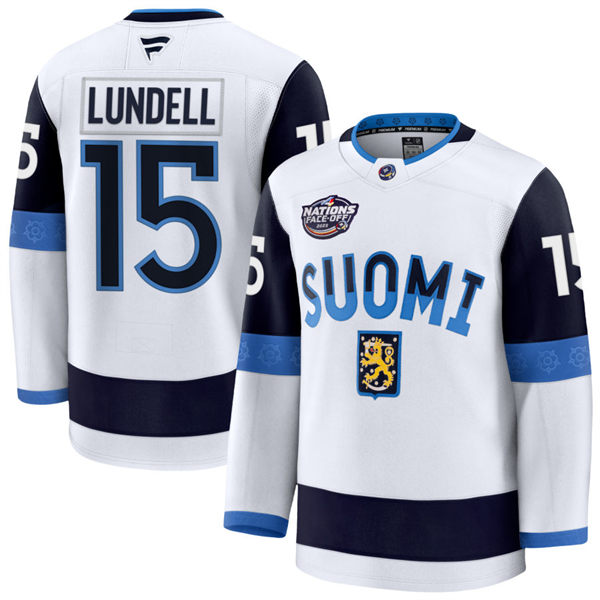 Men's Youth Finland #15 Anton Lundell Fanatics White 2025 4 Nations Face-Off Premium Jersey
