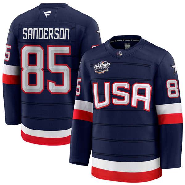 Men's Youth USA #85 Jake Sanderson Fanatics Navy 2025 4 Nations Face-Off Premium Jersey