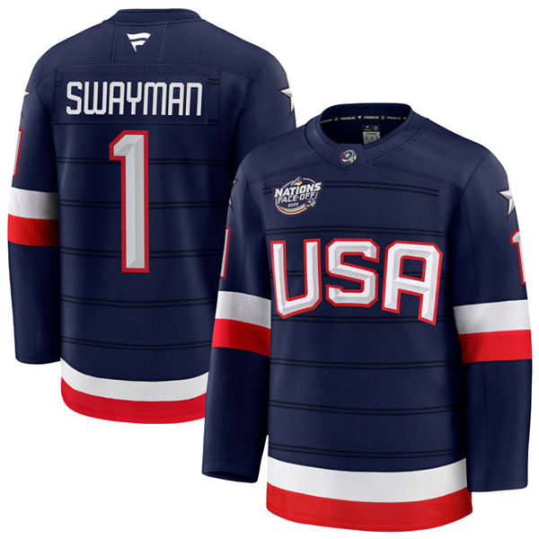 Men's Youth USA #1 Jeremy Swayman Fanatics Navy 2025 4 Nations Face-Off Premium Jersey