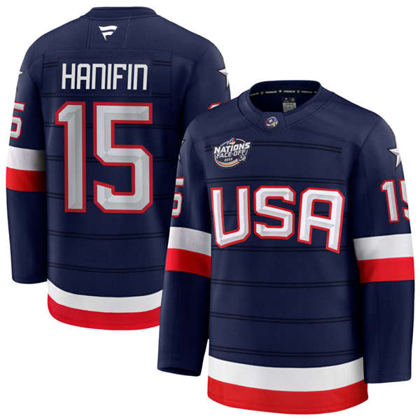 Men's Youth USA #15 Noah Hanifin  Fanatics Navy 2025 4 Nations Face-Off Premium Jersey