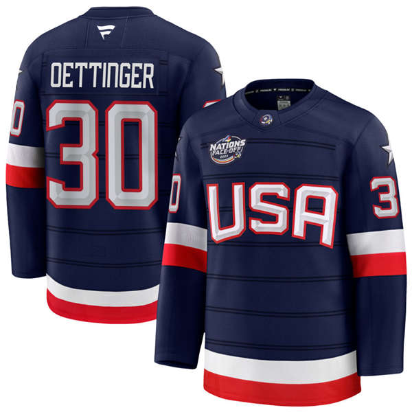 Men's Youth USA #30 Jake Oettinger Fanatics Navy 2025 4 Nations Face-Off Premium Jersey