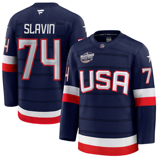 Men's Youth USA #74 Jaccob Slavin Fanatics Navy 2025 4 Nations Face-Off Premium Jersey