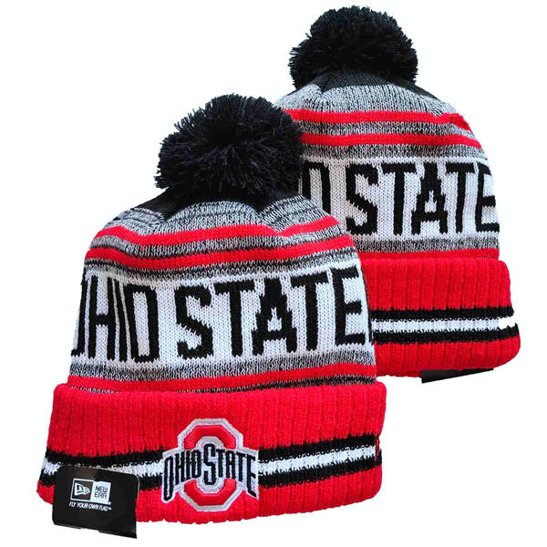Ohio State Buckeyes Scarlet Black Gray Cuffed Pom Knit Hat YD660102