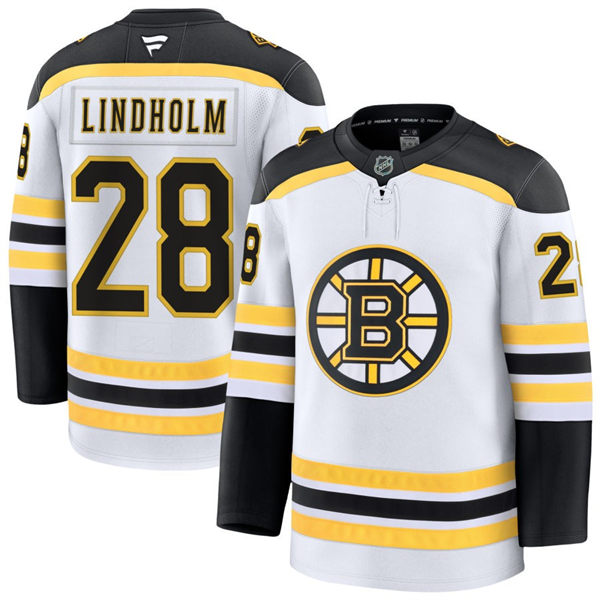 Mens Boston Bruins #28 Elias Lindholm Fanatics Away White Premier Player Jersey