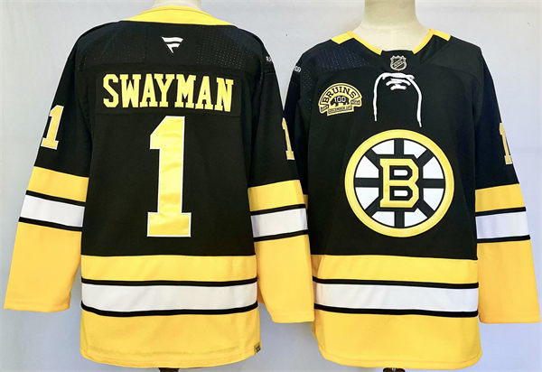 Men's Boston Bruins #1 Jeremy Swayman Fanatics Black Alternate 100th Anniversary Premium Jersey