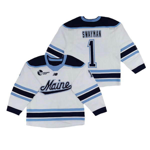 Mens Youth Maine Black Bears #1 Jeremy Swayman White College Hockey Game Jersey