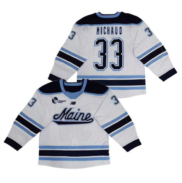 Mens Youth Maine Black Bears #33 Alfie Michaud White College Hockey Game Jersey