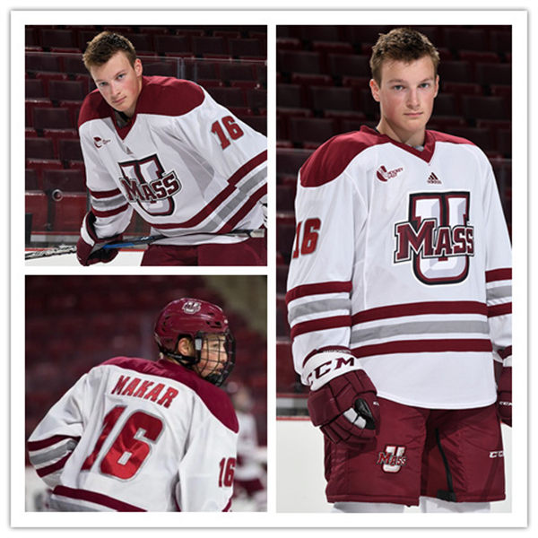 Mens UMass Minutemen #16 Cale Makar 2018-19 White Umass Hockey Game Jersey