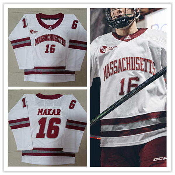 Mens UMass Minutemen #16 Cale Makar 2024 White Hockey Jersey