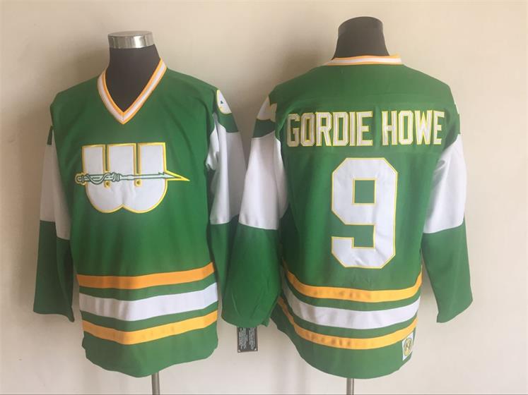 Men's NEW ENGLAND WHALERS #9 GORDIE HOWE 1970's Green CCM Vintage Throwback Jersey