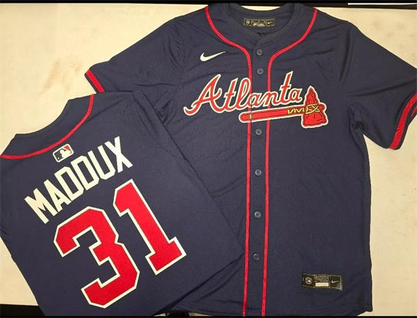 Mens Atlanta Braves Retired Player #31 Greg Maddux Nike Navy Red Strip Alternate Limited Player Jersey