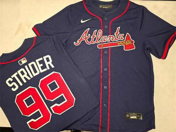 Mens Atlanta Braves #99 Spencer Strider Nike Navy Red Strip Alternate Limited Player Jersey