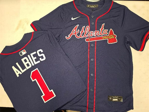 Mens Atlanta Braves #1 Ozzie Albies Nike Navy Red Strip Alternate Limited Player Jersey