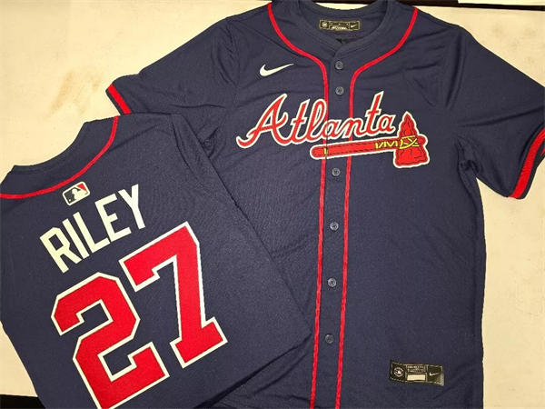 Mens Atlanta Braves #27 Austin Riley Nike Navy Red Strip Alternate Limited Player Jersey