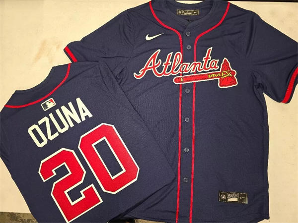 Mens Atlanta Braves #20 Marcell Ozuna Nike Navy Red Strip Alternate Limited Player Jersey 