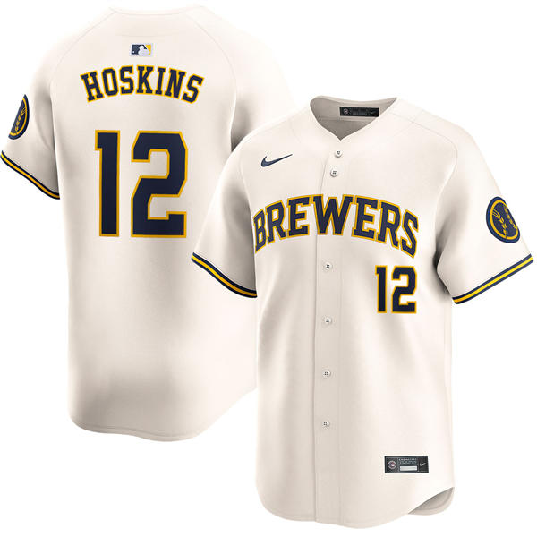 Mens Milwaukee Brewers #12 Rhys Hoskins Nike Cream Home Limited Jersey