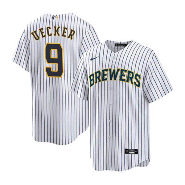 Men's Milwaukee Brewers Retired Player #9 Bob Uecker Nike White Pinstripe Alternate Limited Jersey