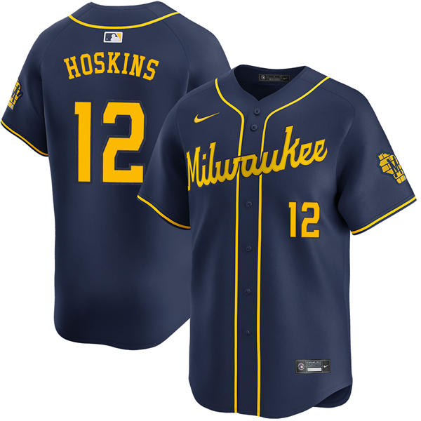 Mens Milwaukee Brewers #12 Rhys Hoskins Nike Navy Alternate Limited Jersey
