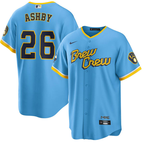 Mens Milwaukee Brewers #26 Aaron Ashby Powder Blue City Connect Jersey