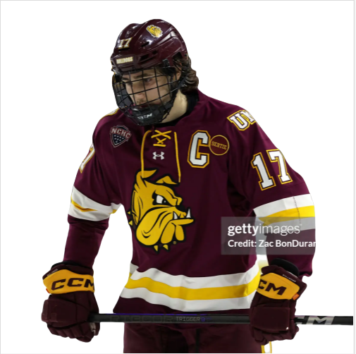Mens Youth Minnesota Duluth Bulldogs #17 Dominic James (C) 2024 Maroon Hockey Jersey