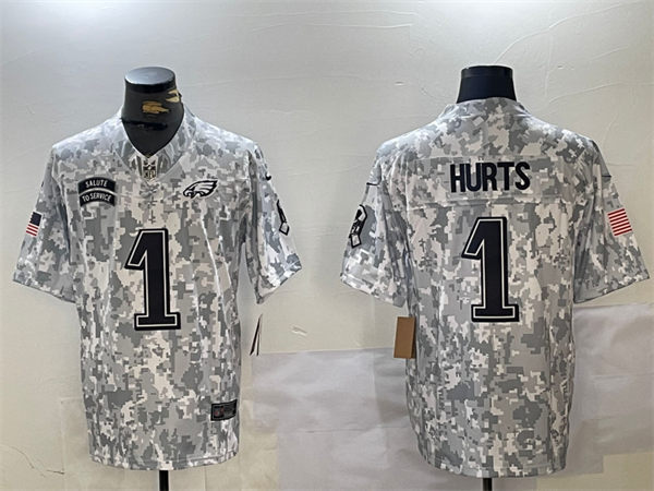 Mens Philadelphia Eagles #1 Jalen Hurts Arctic Camo 2024 Salute To Service Limited Jersey