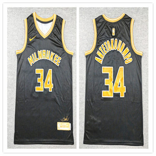 Mens Milwaukee Bucks #34 Giannis Antetokounmpo Black Gold Limied Jersey