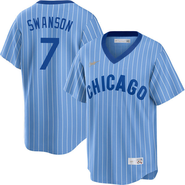 Mens Chicago Cubs #7 Dansby Swanson Nike Blue Pinstripe Pullover 1978 Cooperstown Jersey