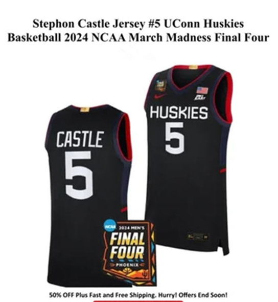 Mens Youth UConn Huskies #5 Stephon Castle 2024 Black Huskies College Basketball Final Four Jersey