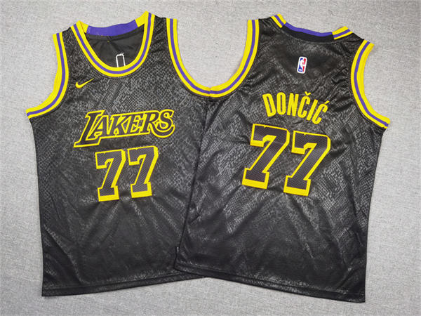 Youth Los Angeles Lakers #77 Luka Doncic Black Golden  Jersey