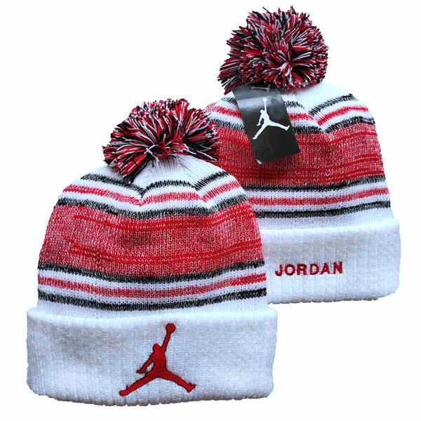 Embroidered Air Jordan White Red Cuffed Pom Knit Hat YD442723