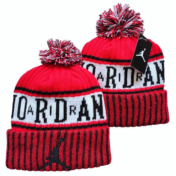 Embroidered Air Jordan Red White Cuffed Pom Knit Hat YD442738
