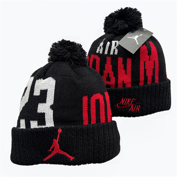 Embroidered Air Jordan #23 Black Red Cuffed Pom Knit Hat YD442701